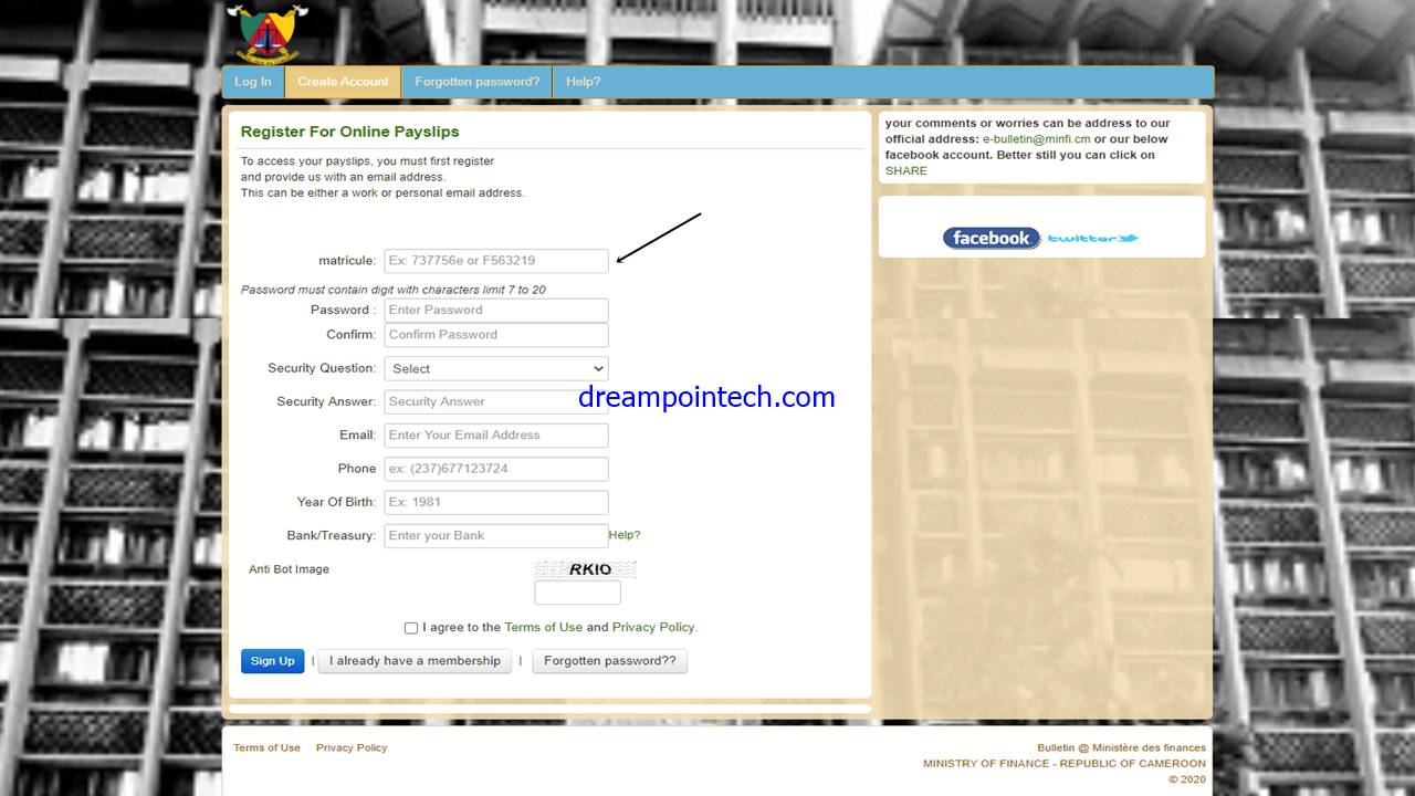Enter your Matricule Number in this box provided